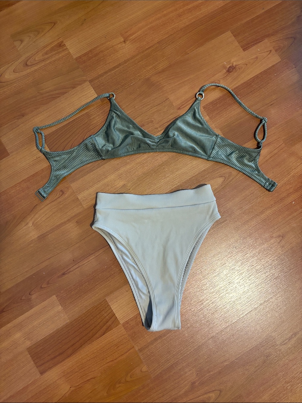 Ribbed Two-Piece High-Waist Bikini in Sage and Taupe
